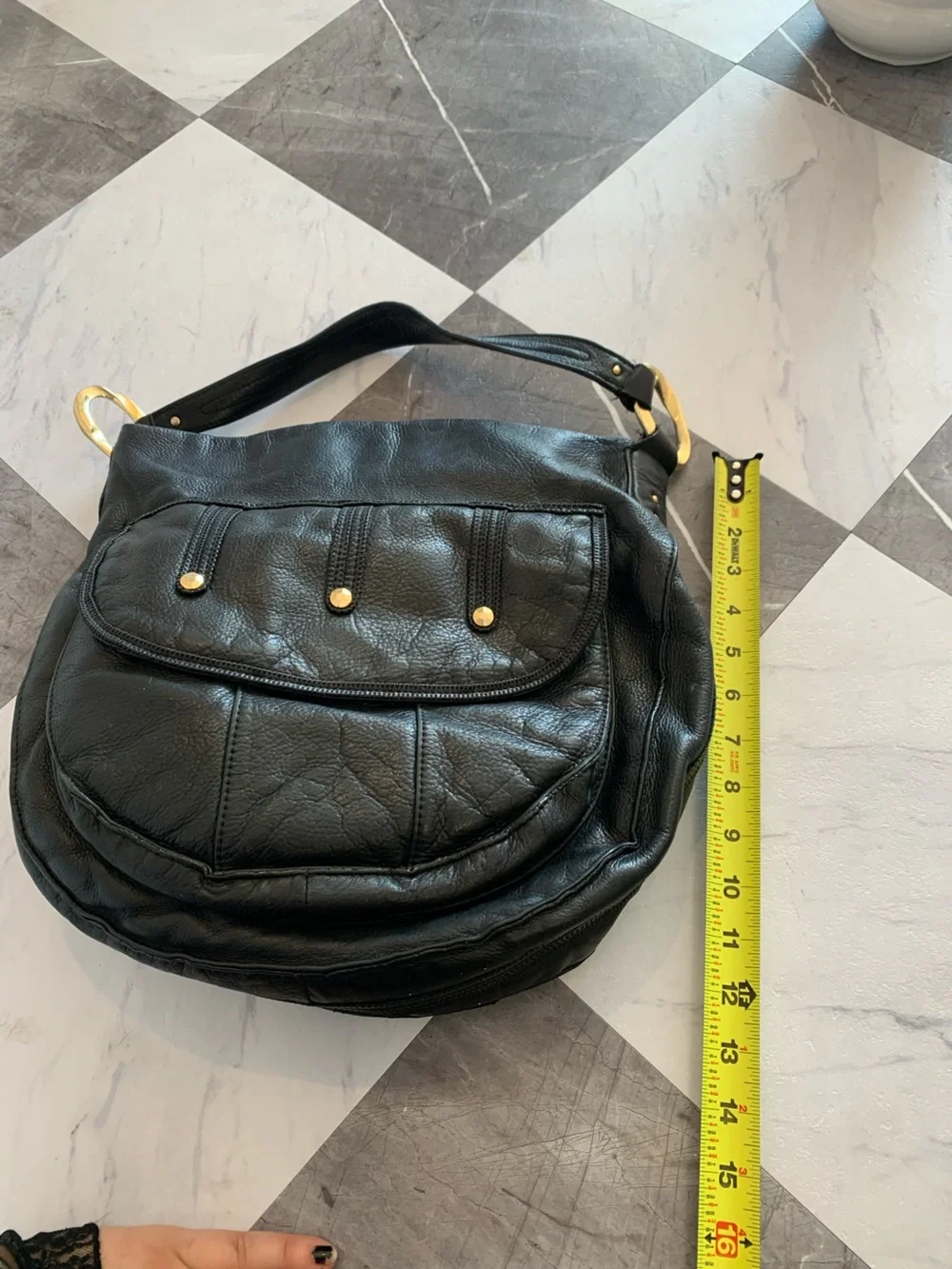 Sigrid Olsen Black Leather Messenger Bag with Gold Hardware